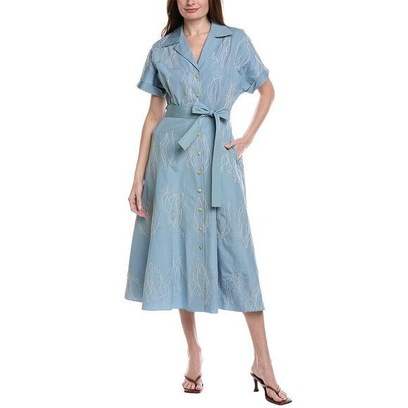 Lafayette 148 New York WomensEmbroidered Notch Lapel Shirtdress Blue
